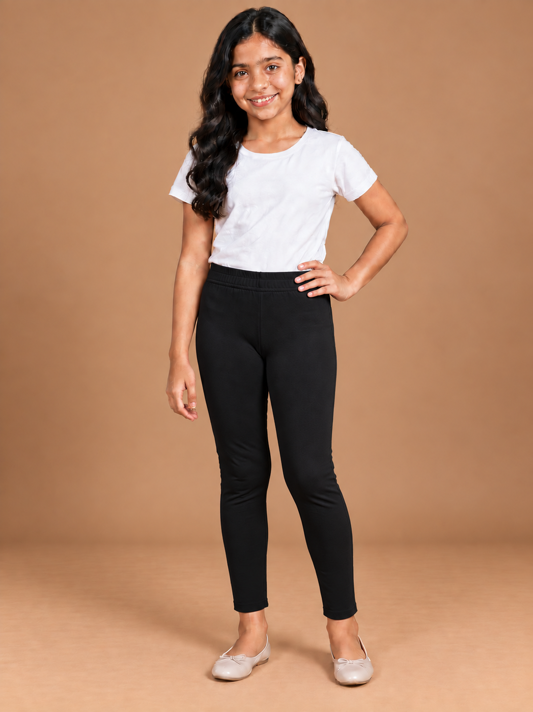 Girls Black Cotton Ankle Leggings