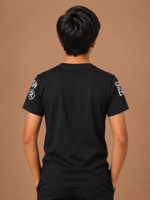 Boys Black Cotton Round Neck Printed T-Shirt