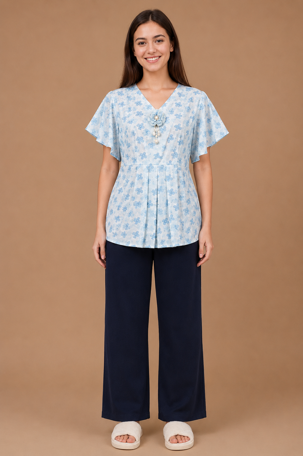 Girls Sky Blue Top & Pyjama Night Dress Set
