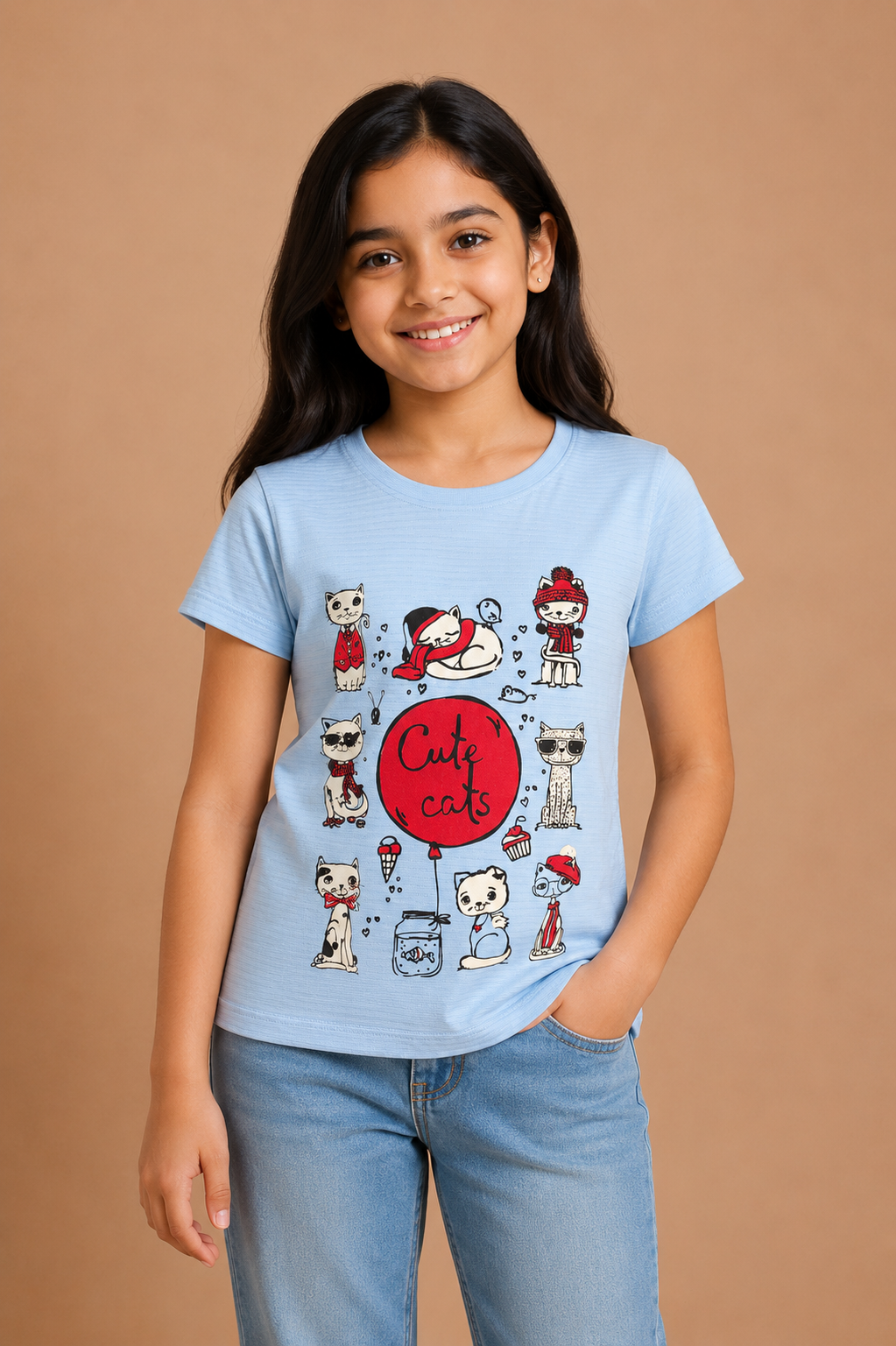 Girls Sky Blue Cotton Round Neck Printed T-Shirt