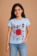 Girls Sky Blue Cotton Round Neck Printed T-Shirt