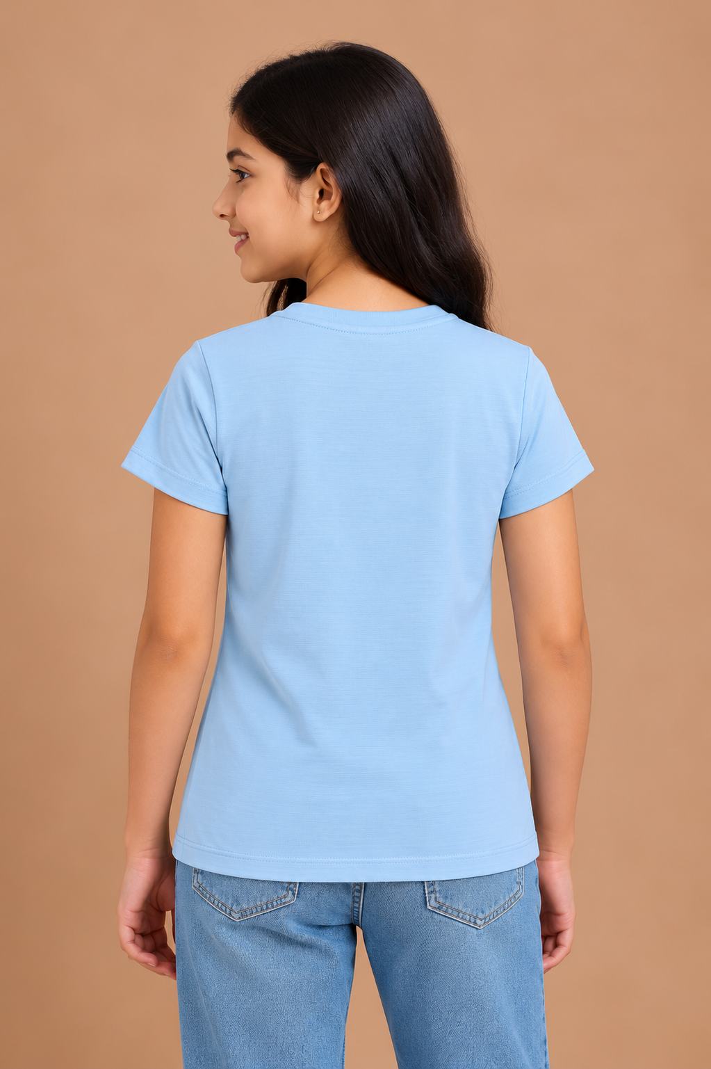Girls Sky Blue Cotton Round Neck Printed T-Shirt