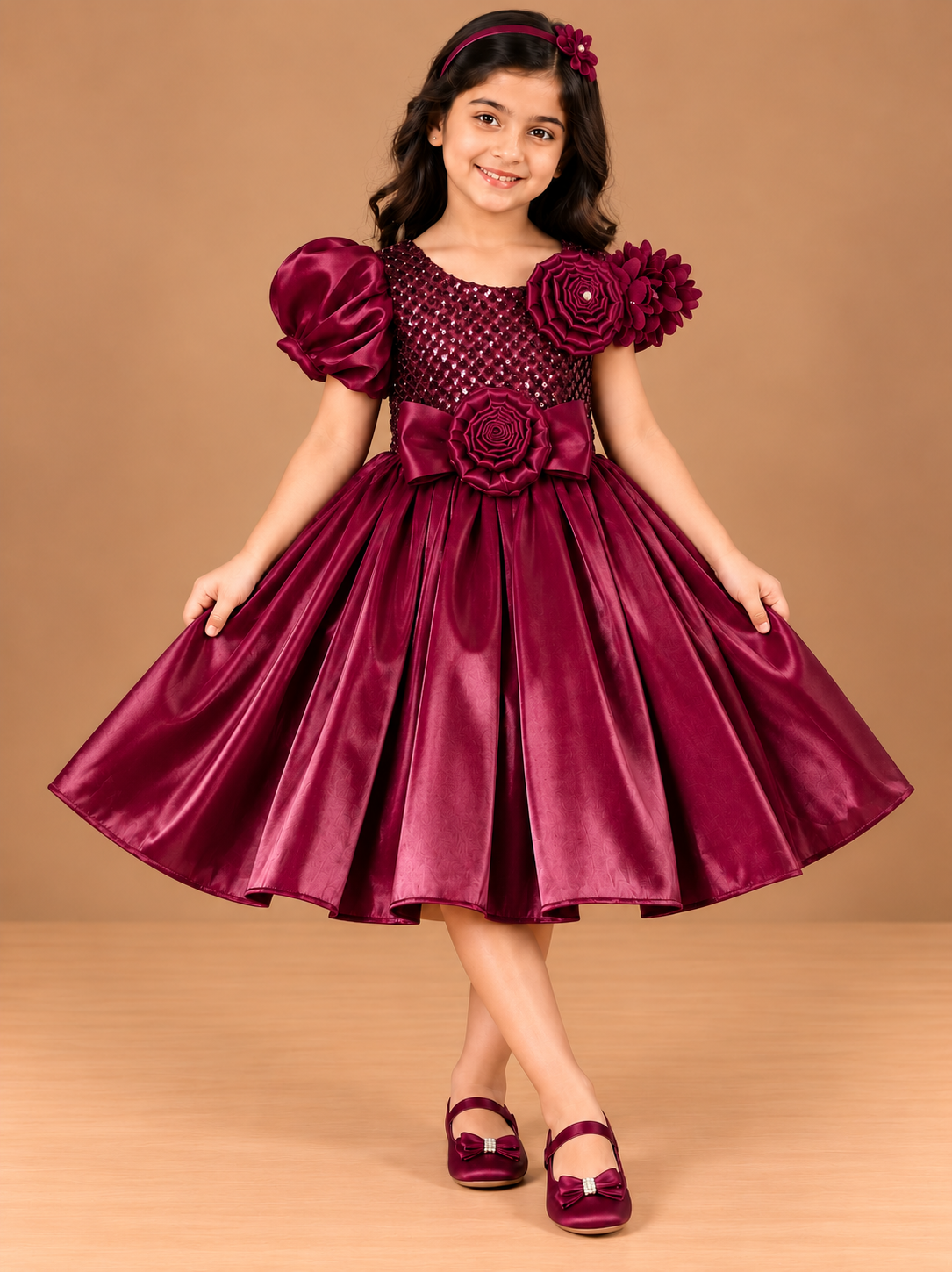 Girls Maroon Satin Sequin Party Frock with Puff Sleeve