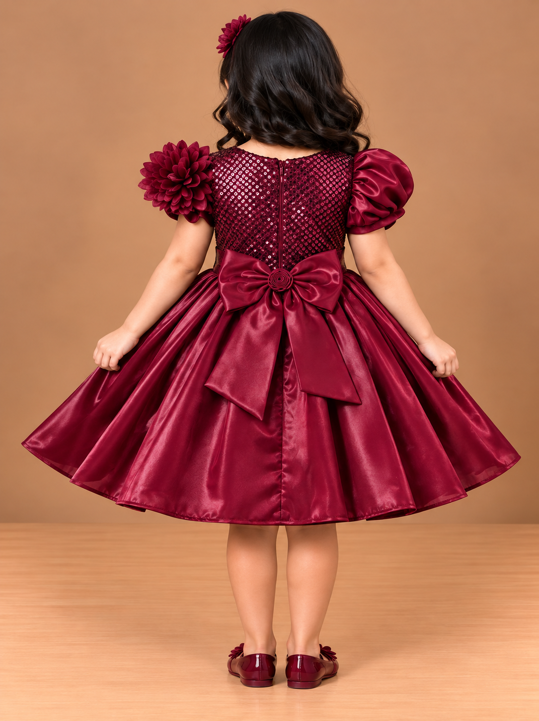 Girls Maroon Satin Sequin Party Frock with Puff Sleeve