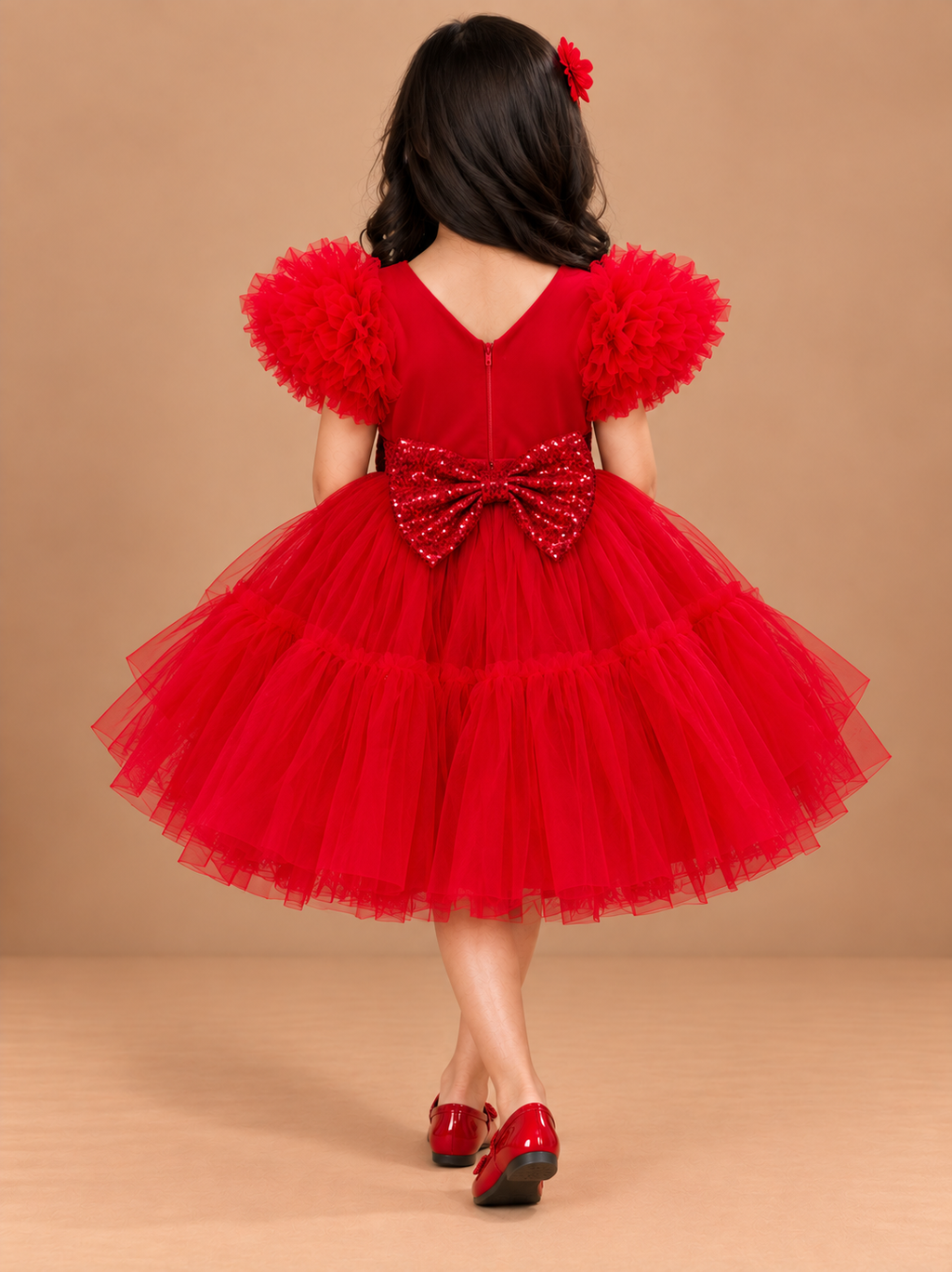 Girls Red Printed Short Casual Frock