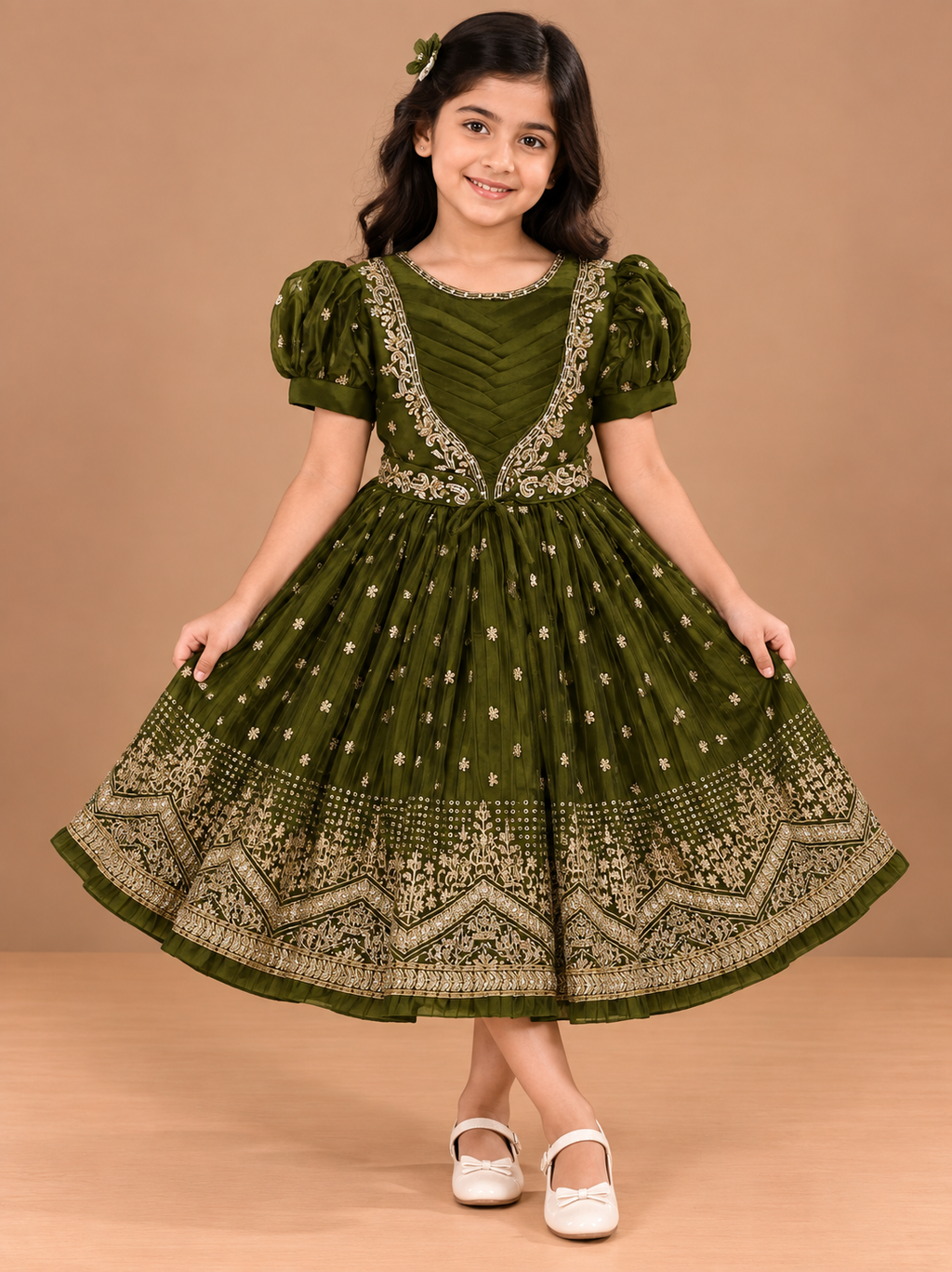 Girls Green Printed Short Casual Frock