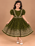 Girls Green Printed Short Casual Frock