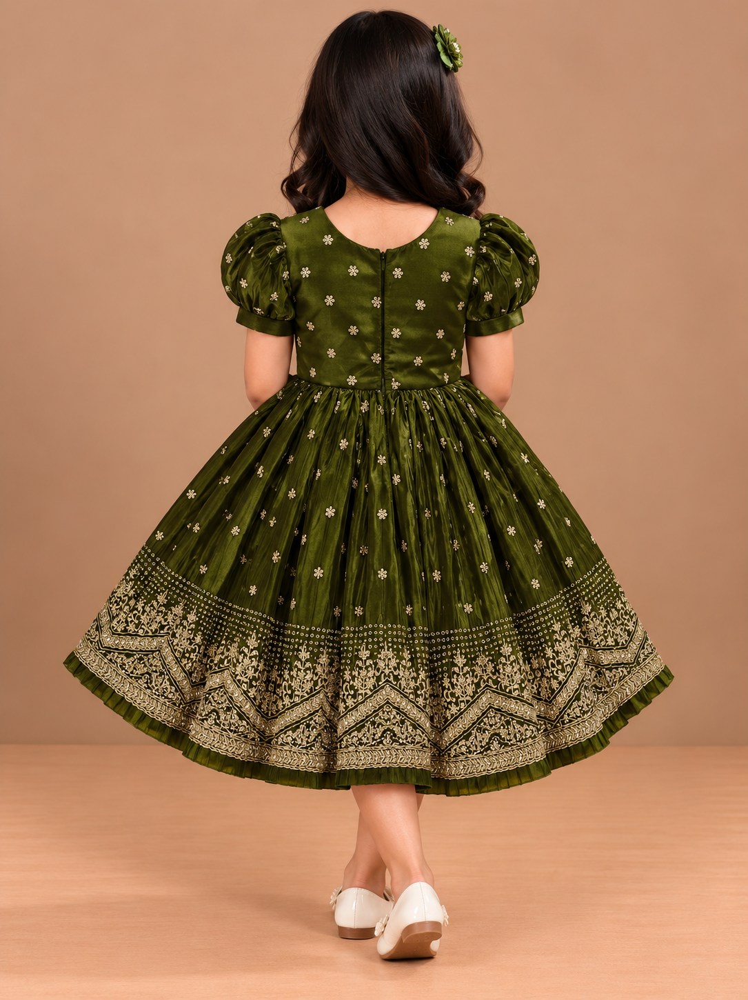Girls Green Printed Short Casual Frock