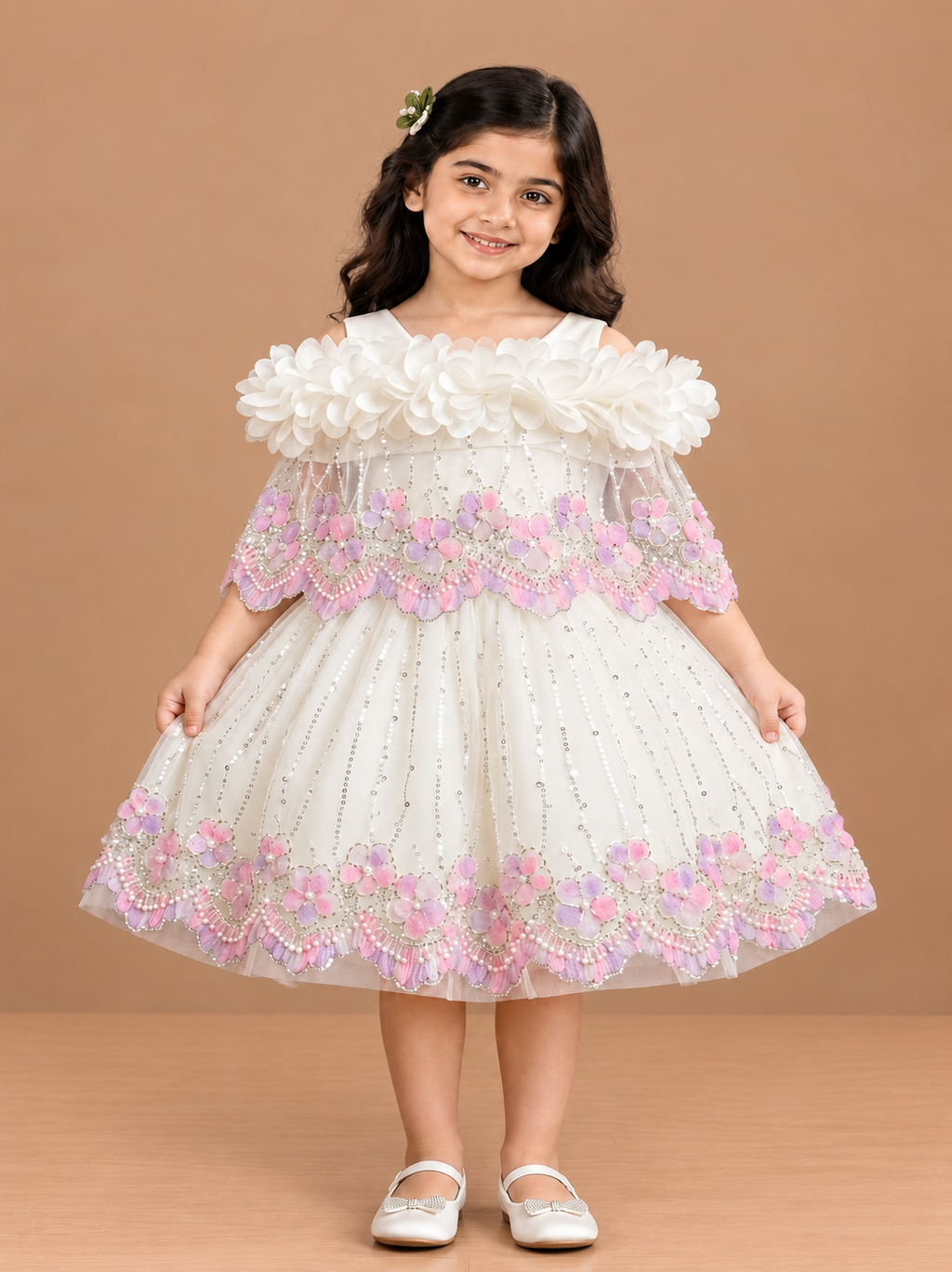 Girls White Pearl Work Net Party Short Frock