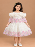 Girls White Pearl Work Net Party Short Frock