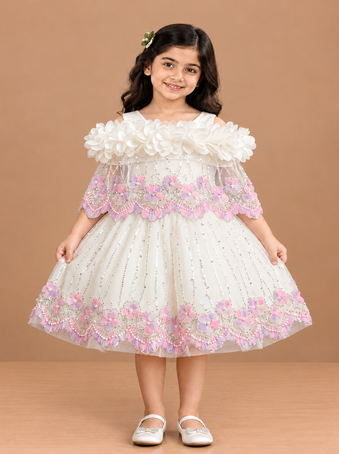Girls White Pearl Work Net Party Short Frock