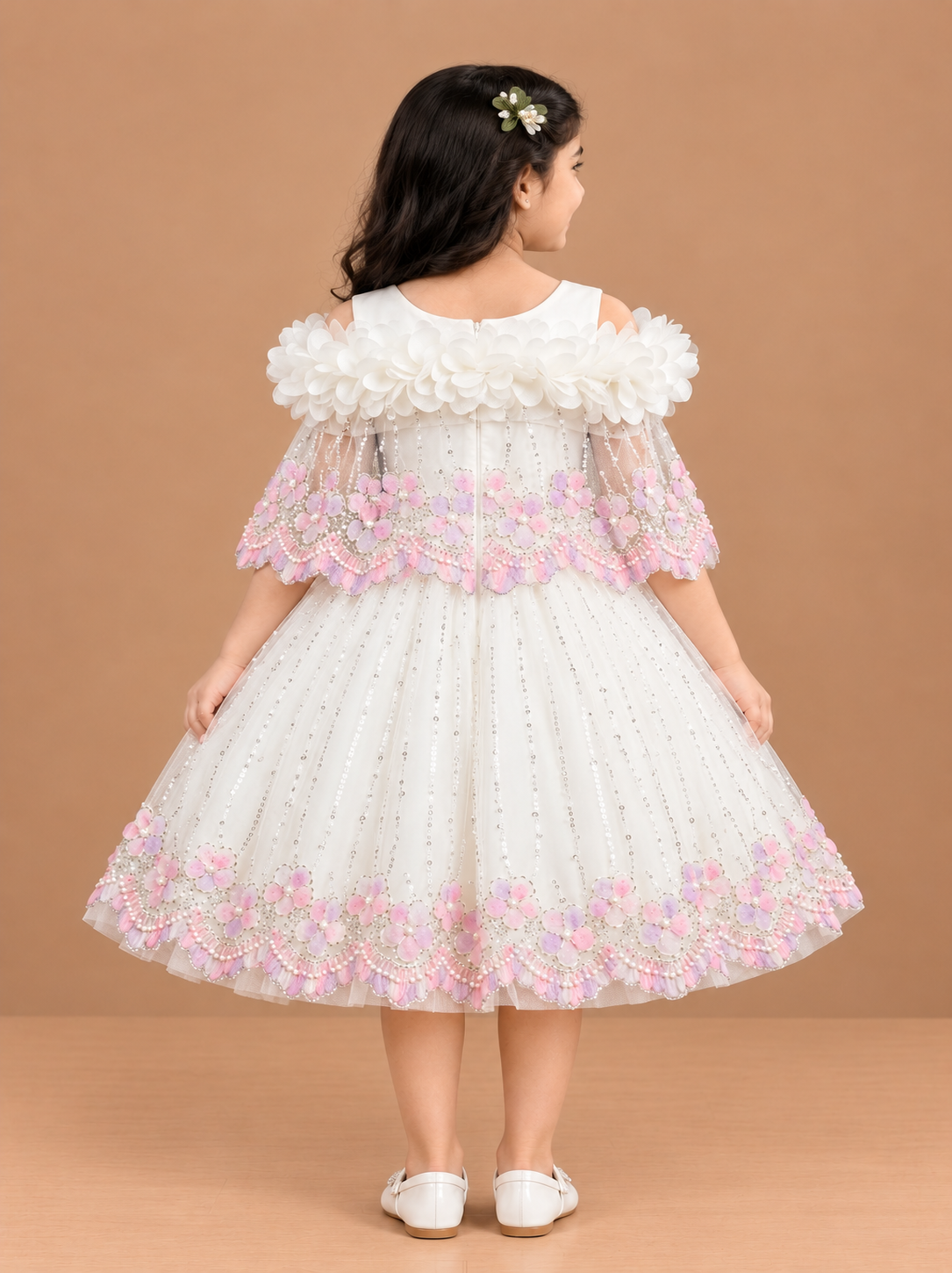 Girls White Pearl Work Net Party Short Frock