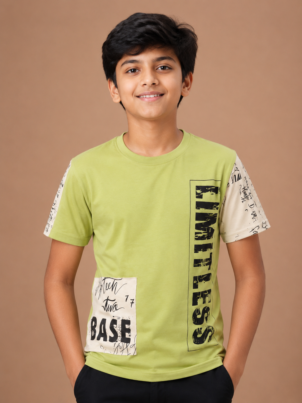 Boys Green Cotton Round Neck Printed T-Shirt