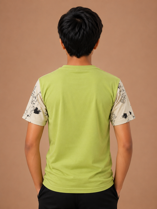 Boys Green Cotton Round Neck Printed T-Shirt