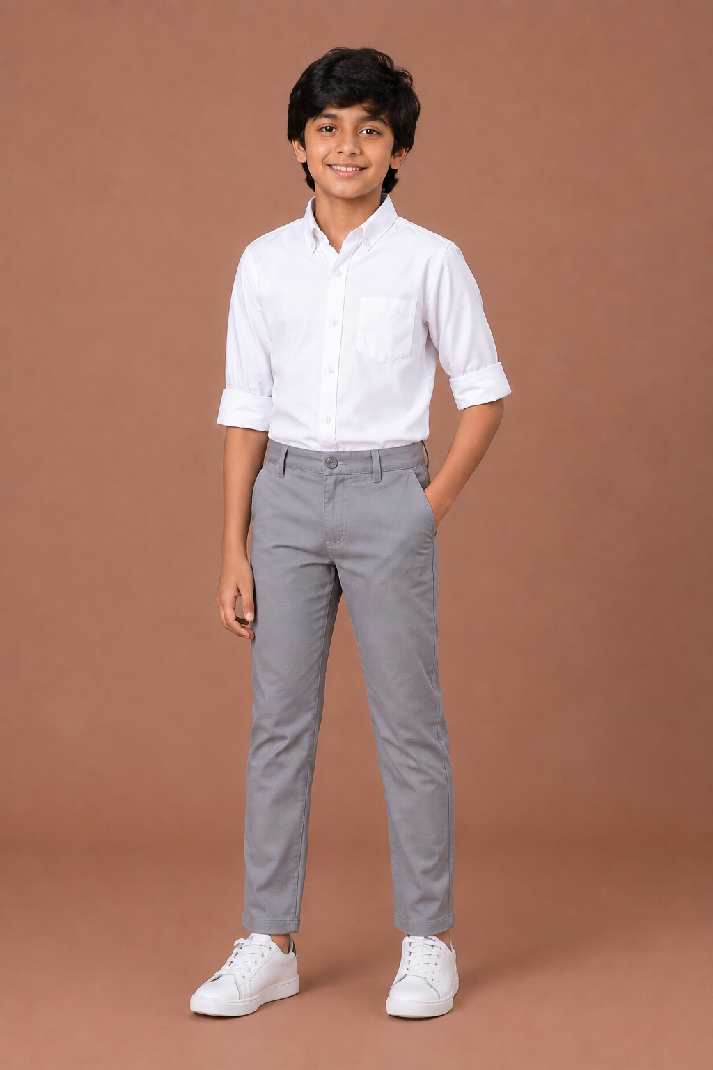 Boys Grey Cotton Casual Pant