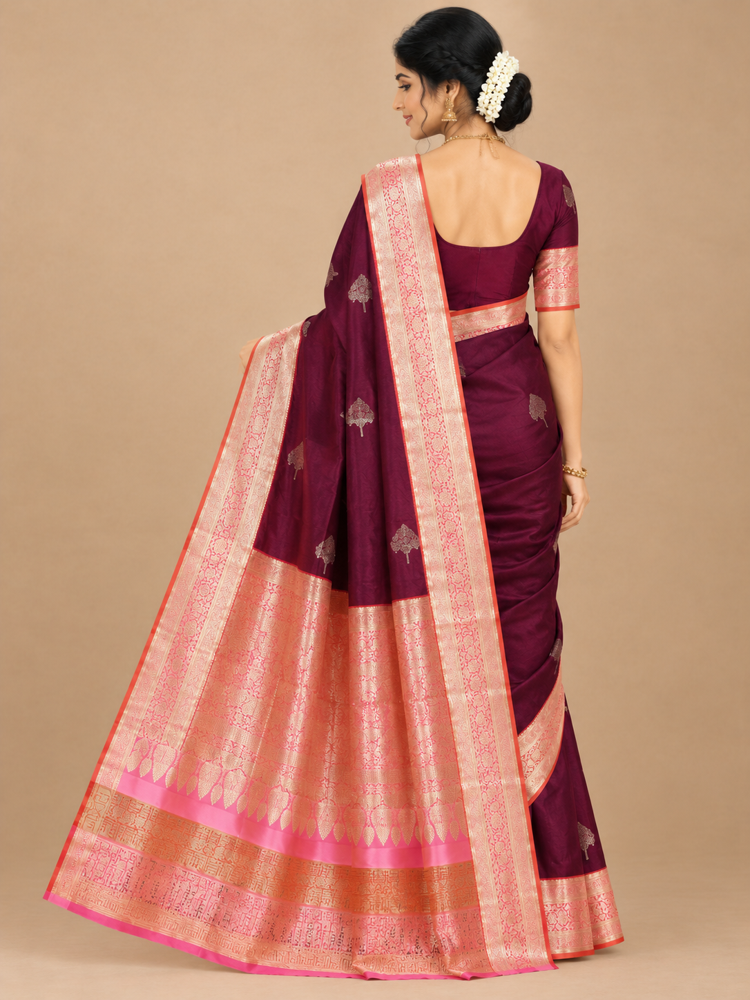 Varnam Wine Zari Butta Soft Silk Saree with Peach and Pink Border
