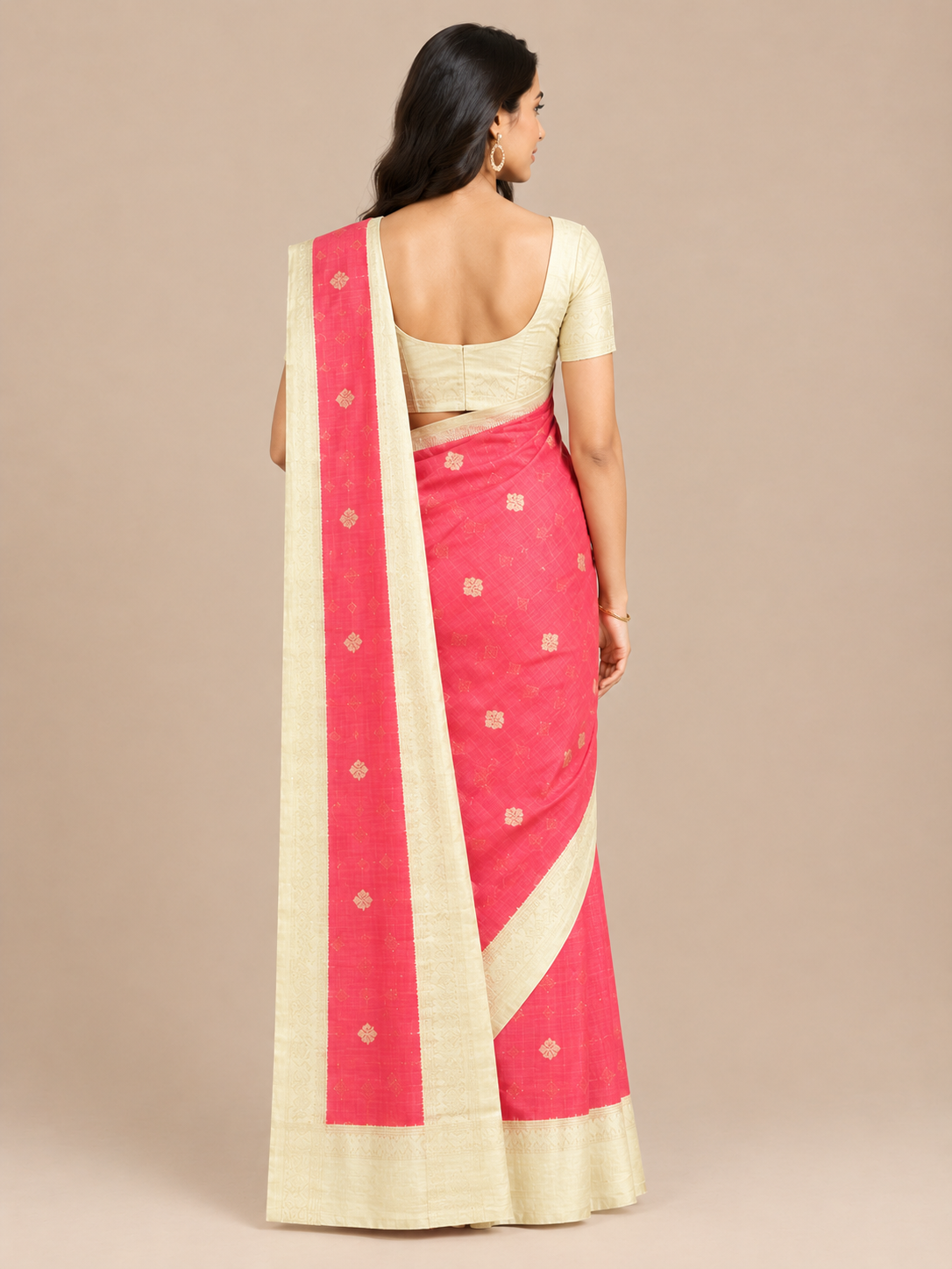 Varnam Coral Red Sandal Border Soft Silk Saree with Peacock Butta