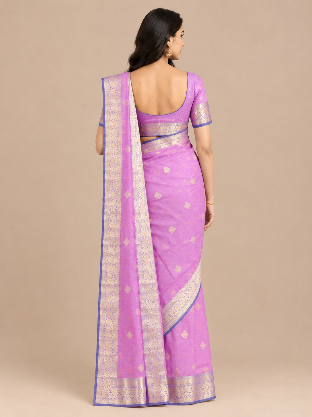 Varnam Pink Flower Border Soft Silk Saree with Leaf Butta