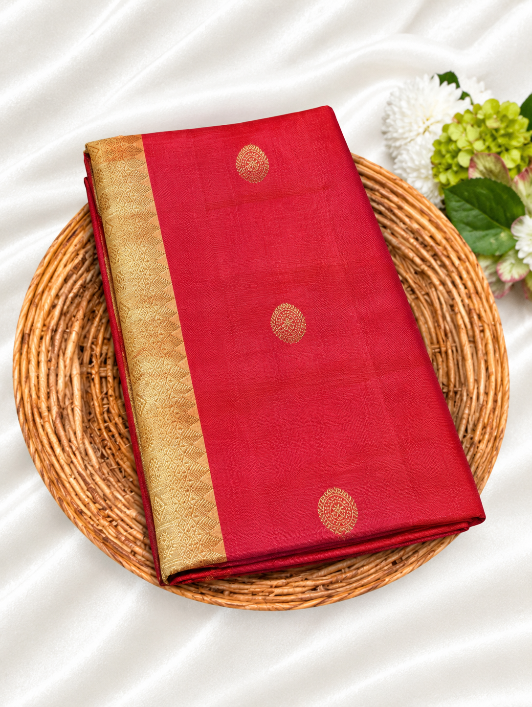 Varnam Coral Red Sandal Border Soft Silk Saree with Peacock Butta