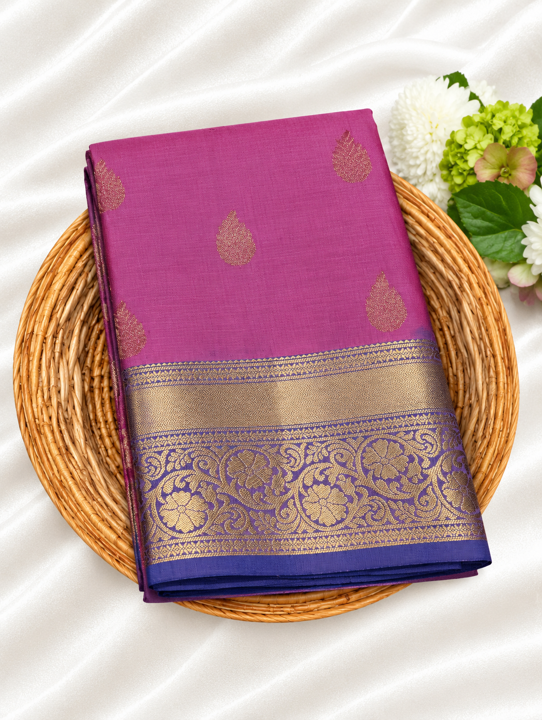 Varnam Pink Flower Border Soft Silk Saree with Leaf Butta