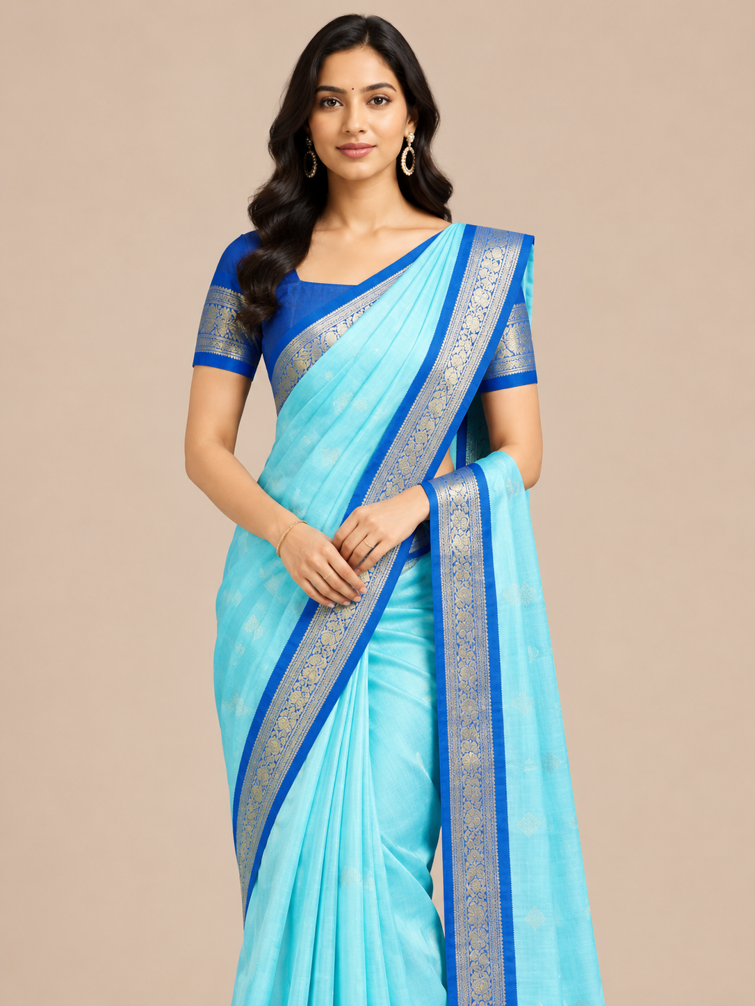 Varnam Sky Blue Rettapatta Peacock Border Soft Silk Saree