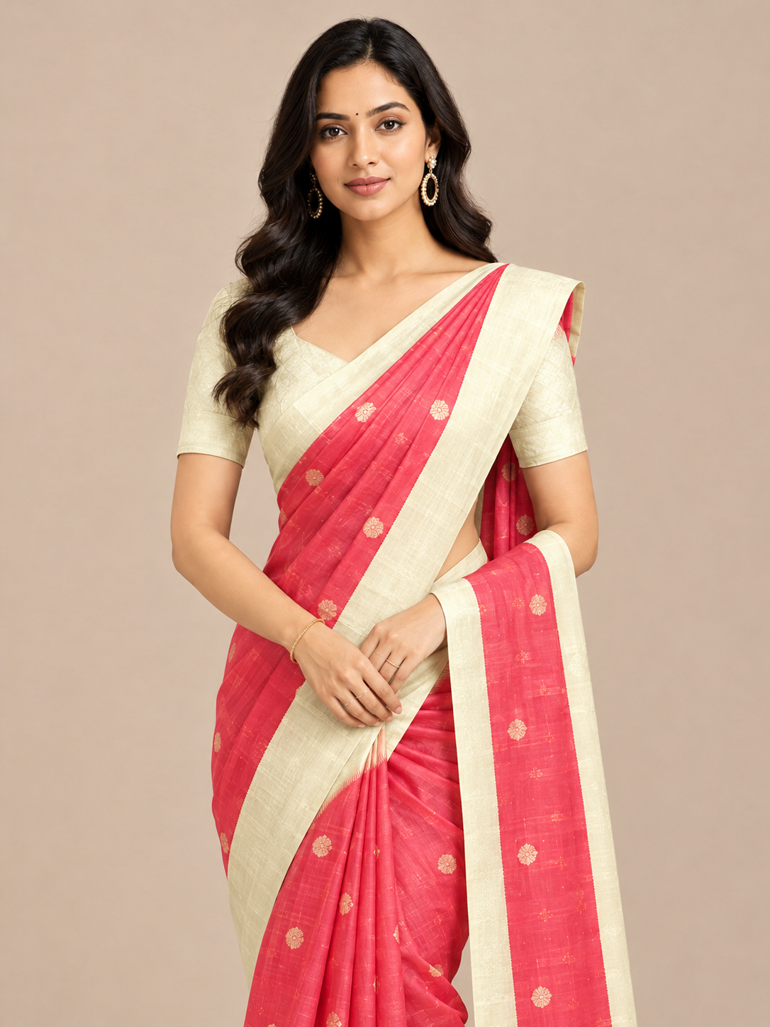 Varnam Coral Red Sandal Border Soft Silk Saree with Peacock Butta