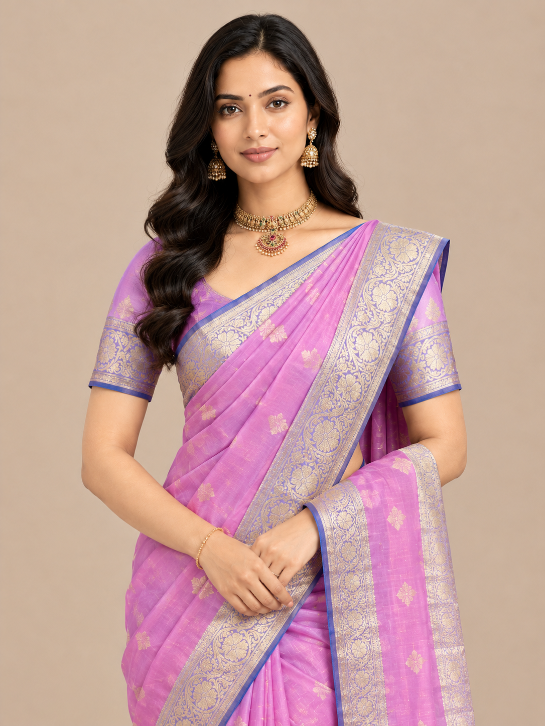 Varnam Pink Flower Border Soft Silk Saree with Leaf Butta