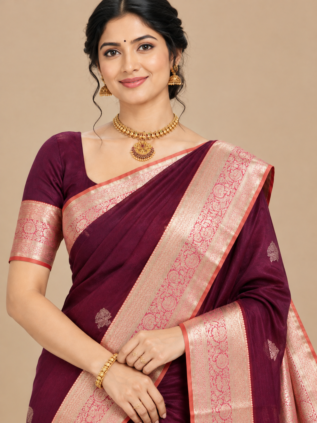 Varnam Wine Zari Butta Soft Silk Saree with Peach and Pink Border