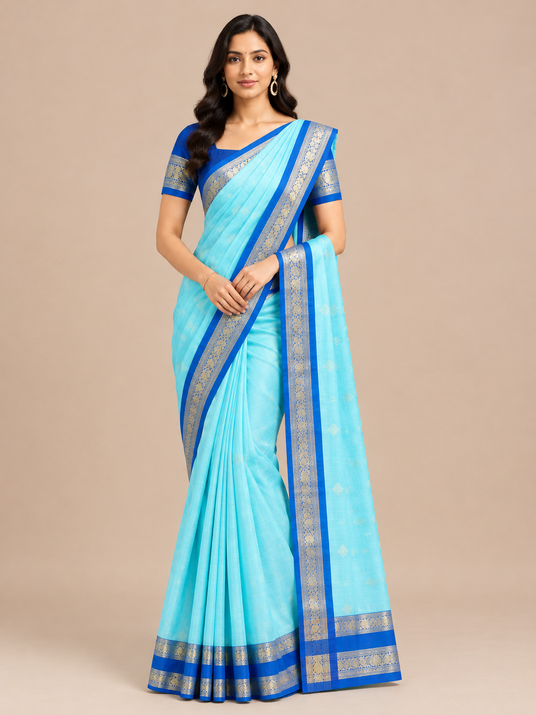 Varnam Sky Blue Rettapatta Peacock Border Soft Silk Saree