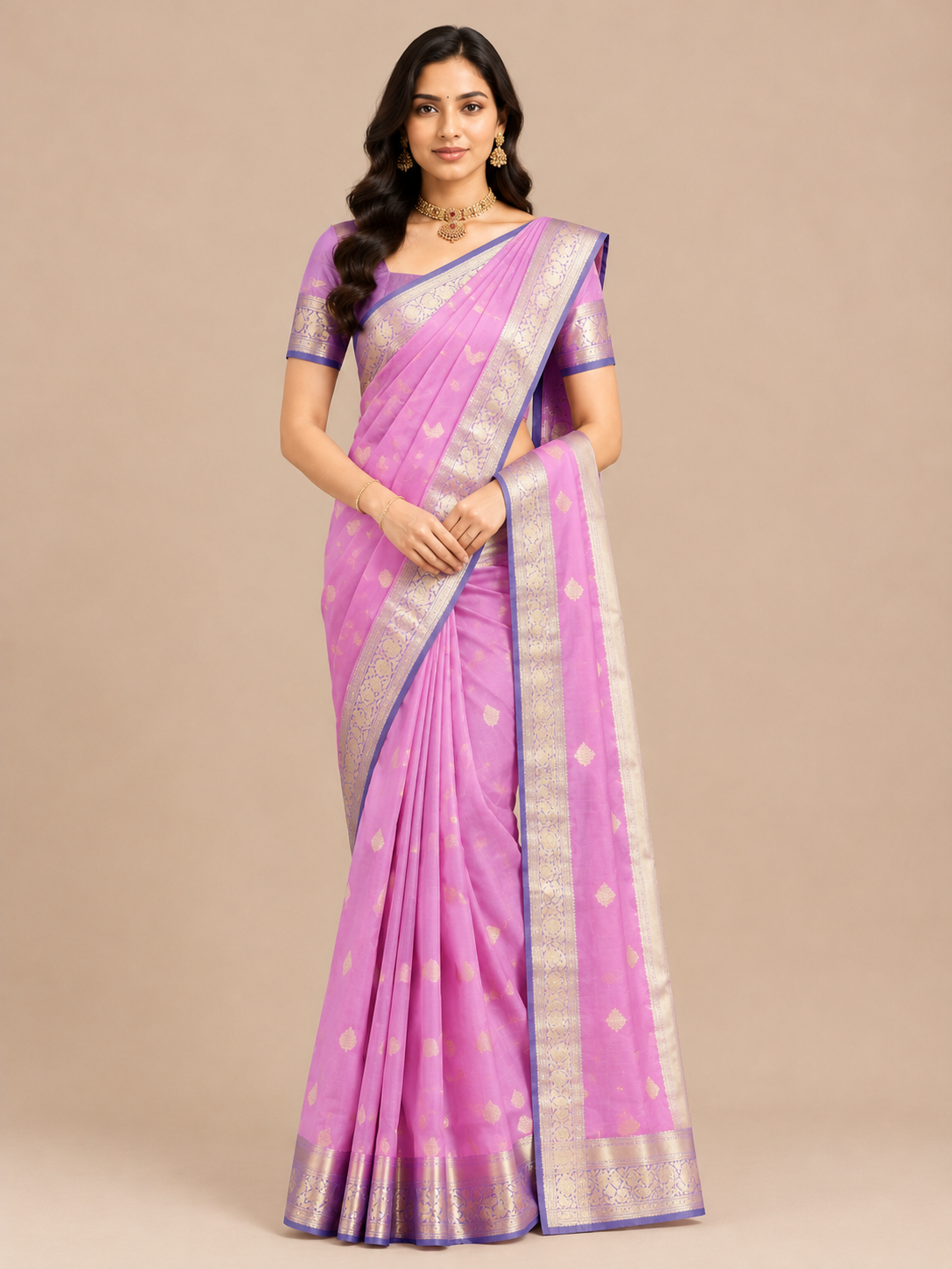 Varnam Pink Flower Border Soft Silk Saree with Leaf Butta