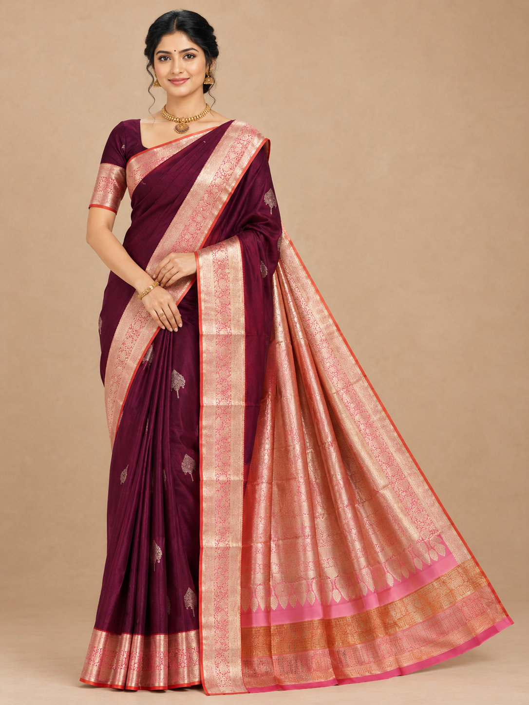 Varnam Wine Zari Butta Soft Silk Saree with Peach and Pink Border