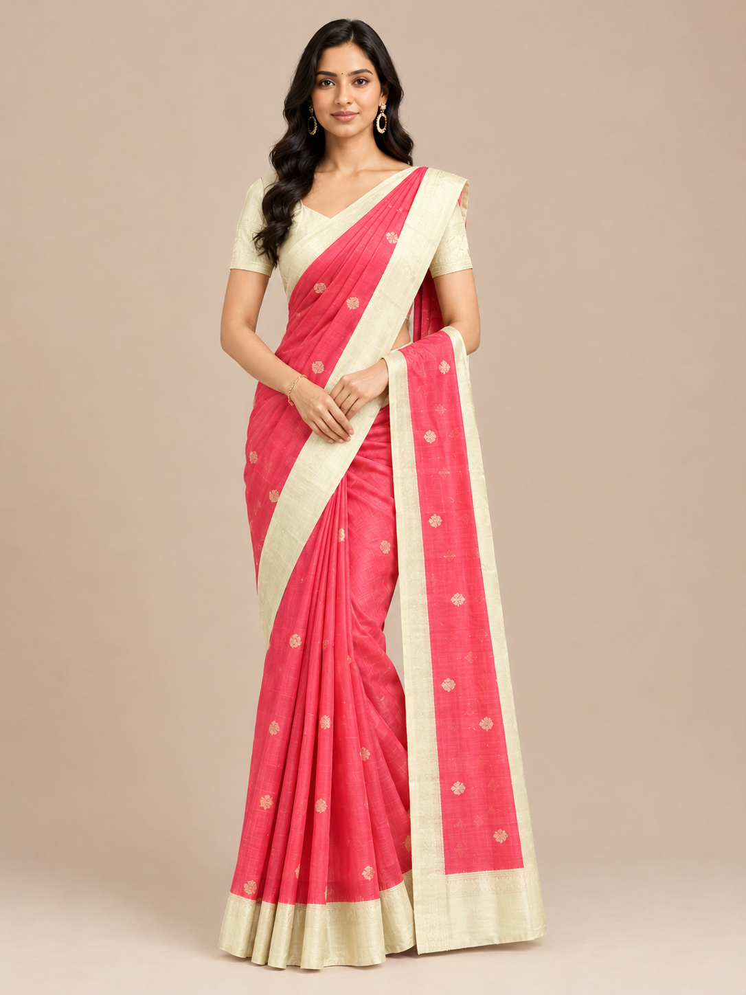 Varnam Coral Red Sandal Border Soft Silk Saree with Peacock Butta