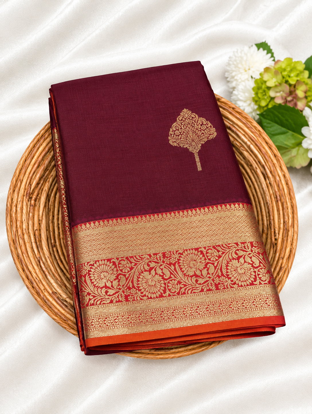 Varnam Wine Zari Butta Soft Silk Saree with Peach and Pink Border