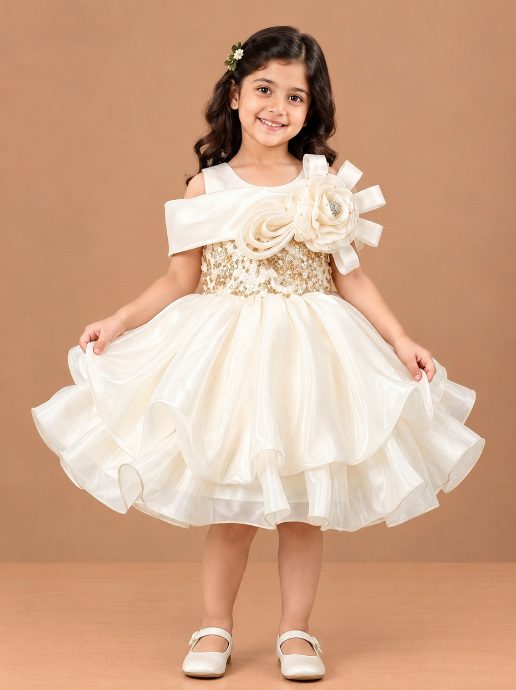 Girls Chandan Cream Off Shoulder Organza Party Frock