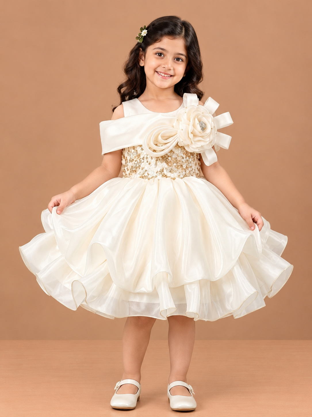 Girls Chandan Cream Off Shoulder Organza Party Frock