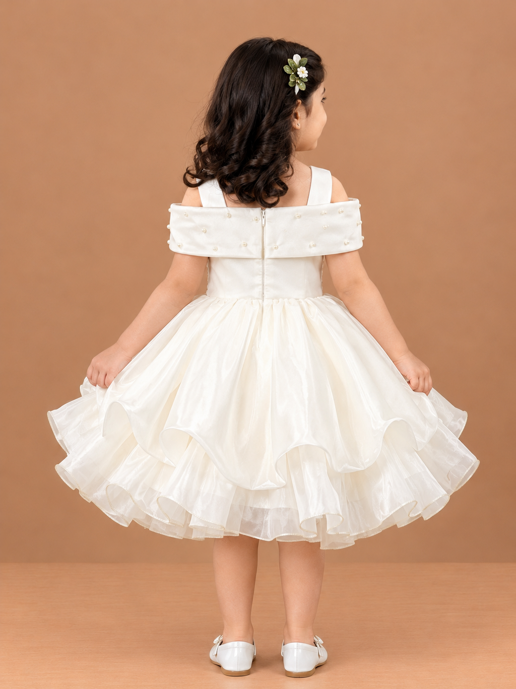 Girls Chandan Cream Off Shoulder Organza Party Frock