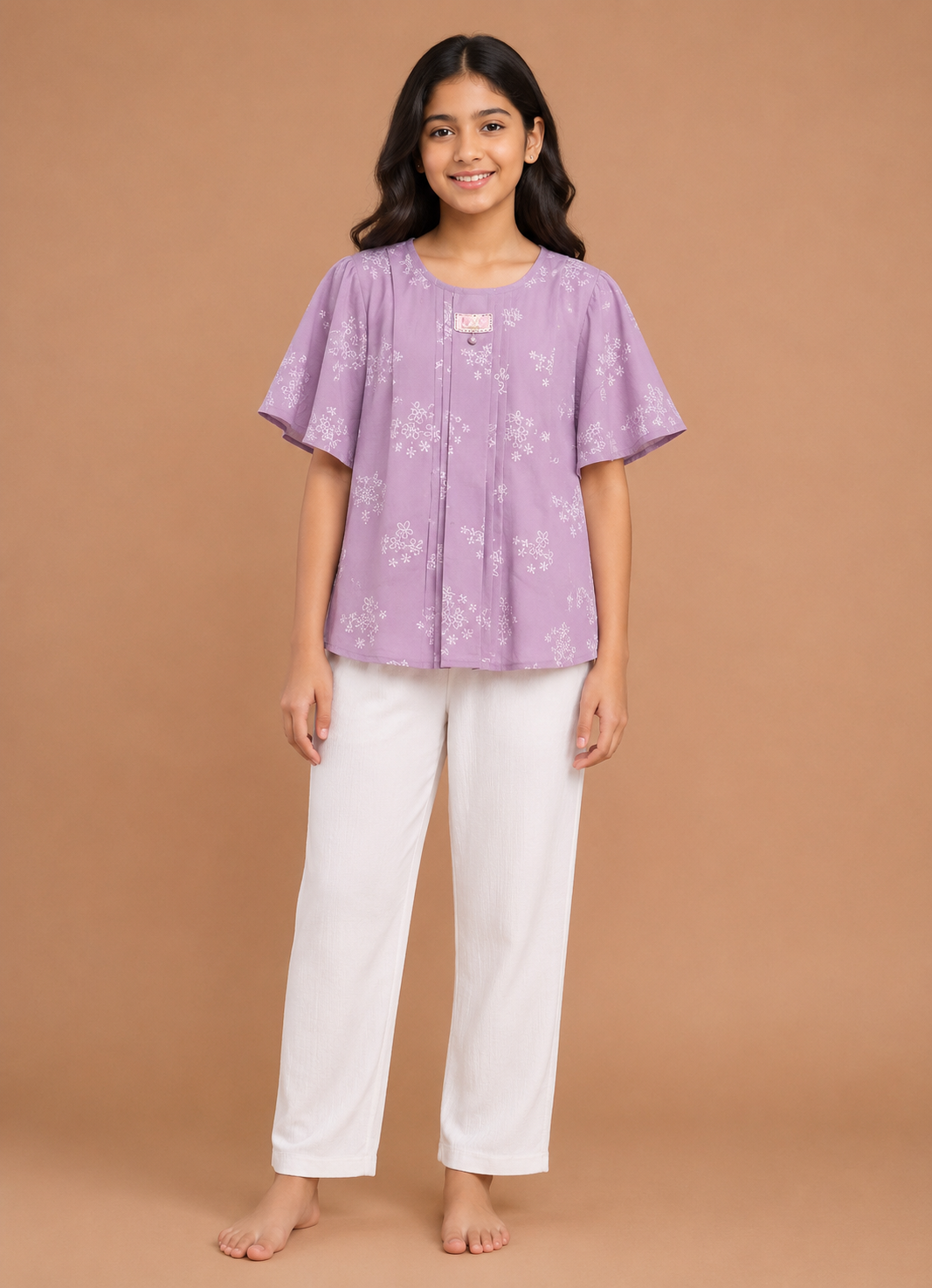 Girls Lavender Top & Pyjama Night Dress Set