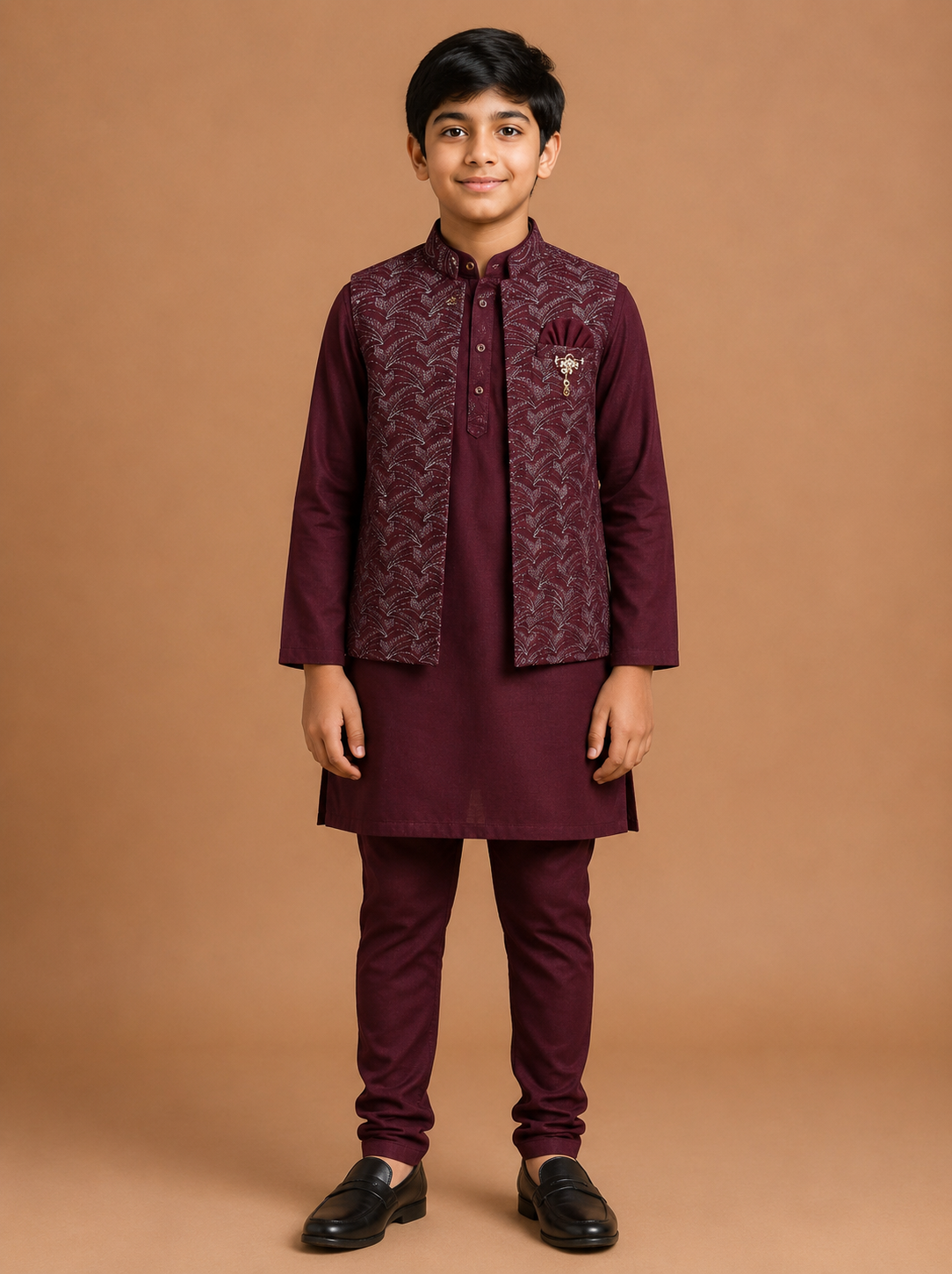 Boys Maroon Cotton Kurta Pajama Baba Suit