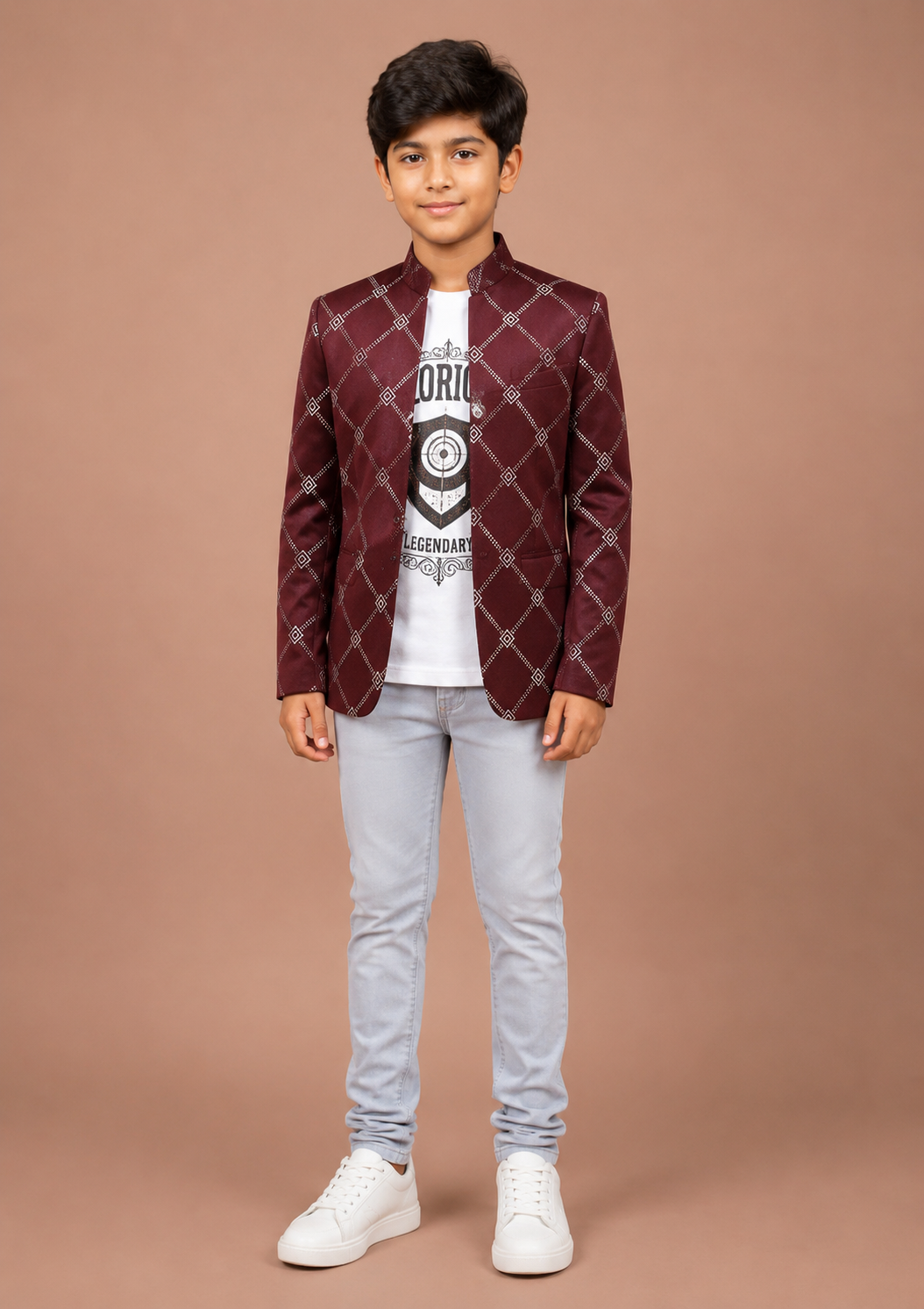 Boys Maroon 3-Piece Casual Blazer Set