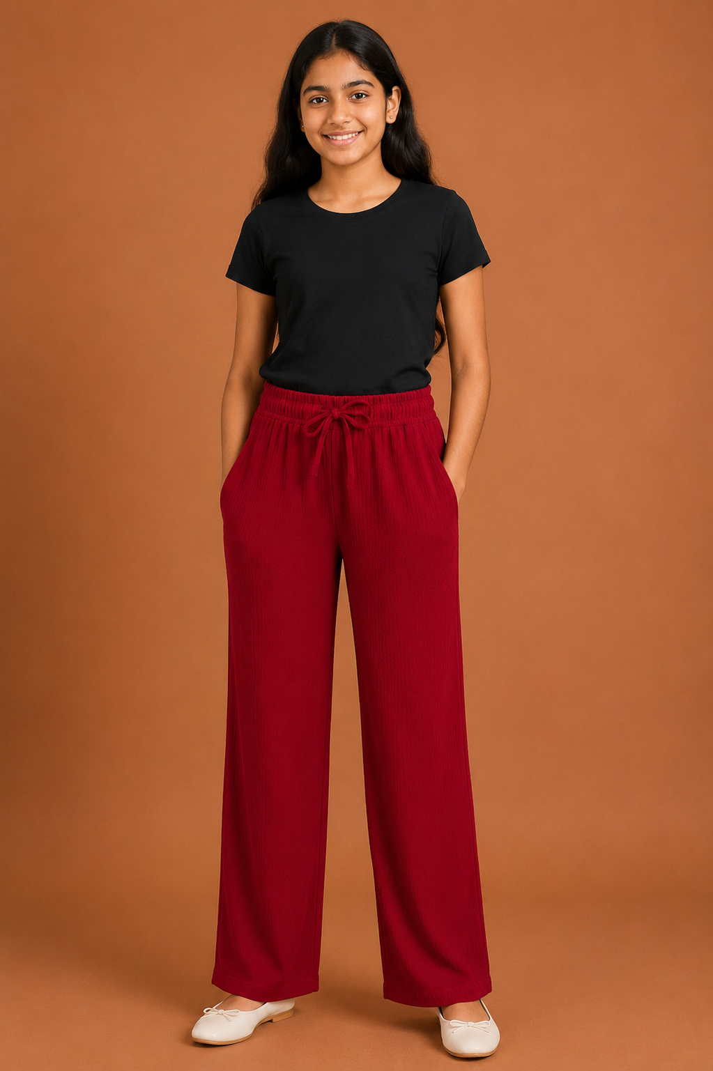 Girls Maroon Cotton Relaxed Fit Palazzo Pant