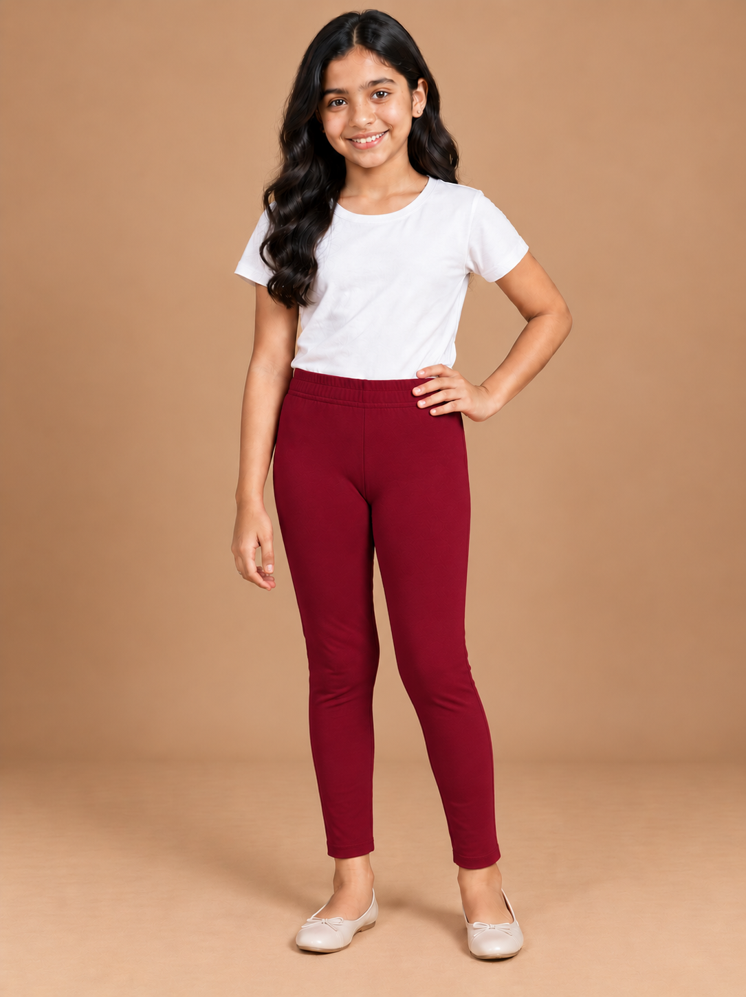 Girls Maroon Cotton Ankle Leggings