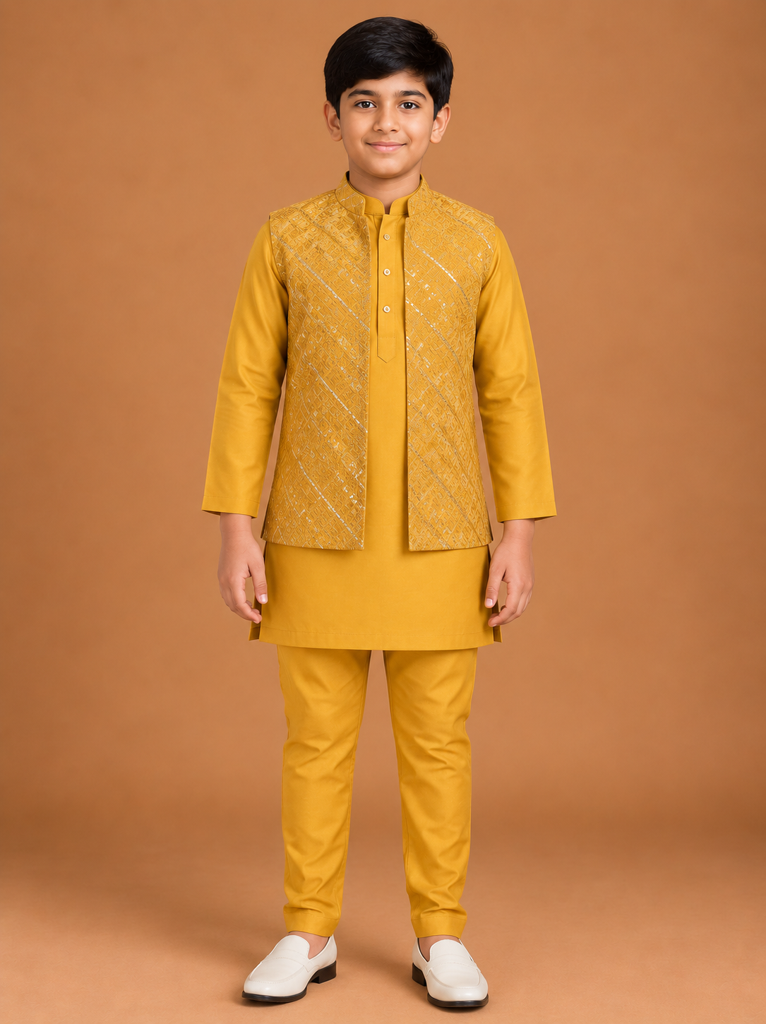Boys Mustard Yellow Cotton Kurta Pajama Baba Suit