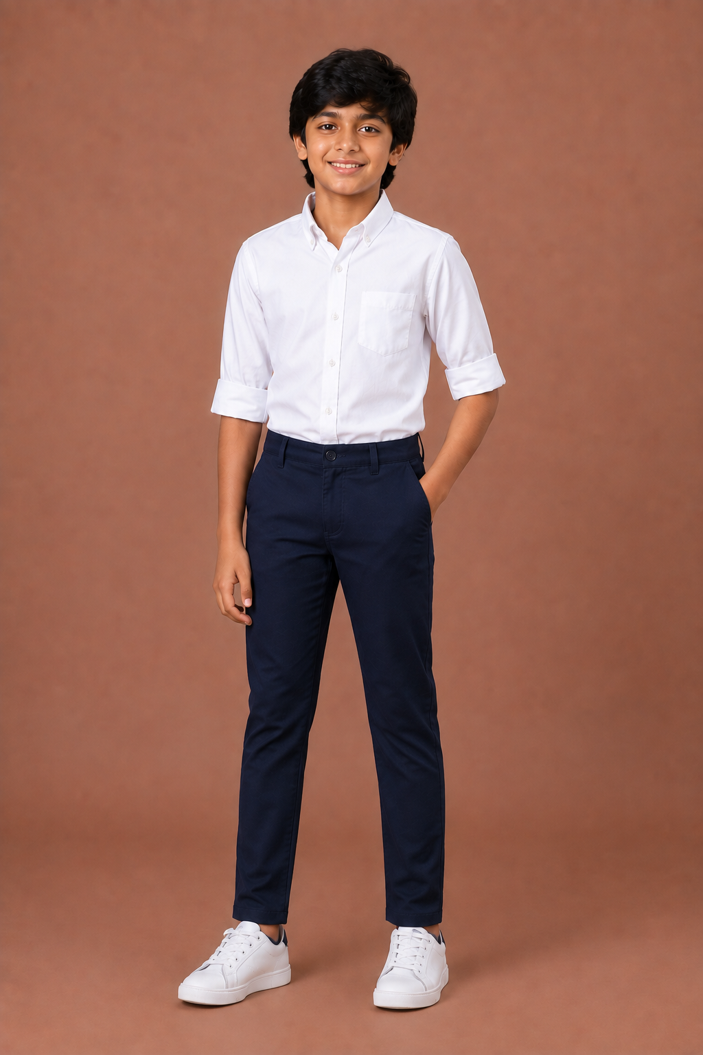 Boys Navy Blue Cotton Casual Pant