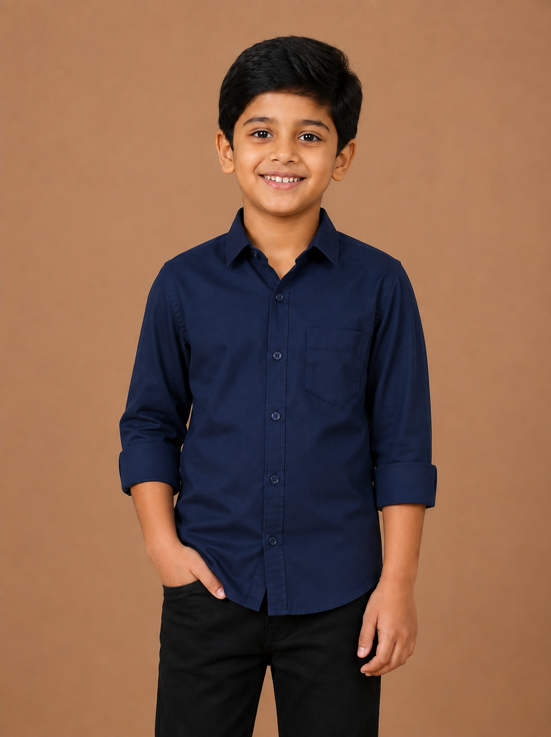 Boys Navy Blue Cotton Casual Full Sleeve Shirt