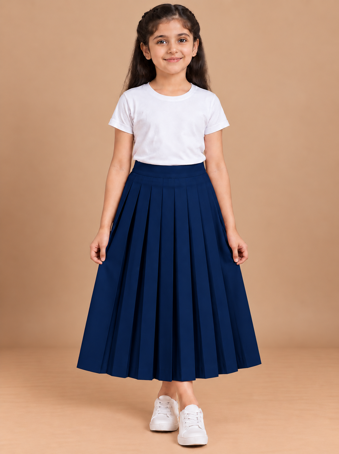 Girls Navy Blue Pleated Regular Fit Casual Skirt