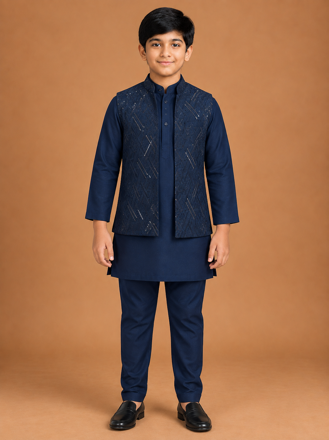 Boys Navy Blue Cotton Kurta Pajama Baba Suit