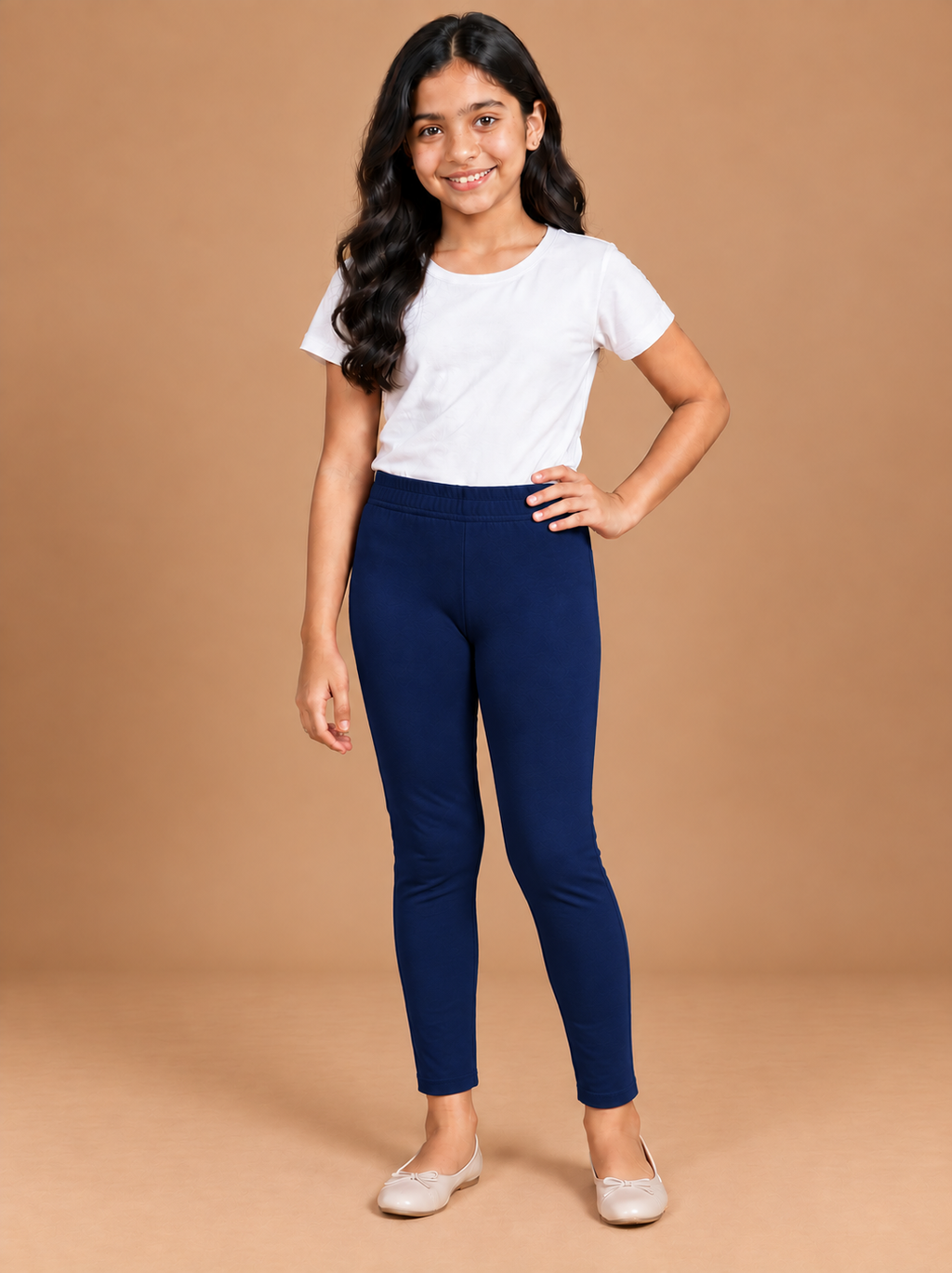 Girls Navy Blue Cotton Ankle Leggings