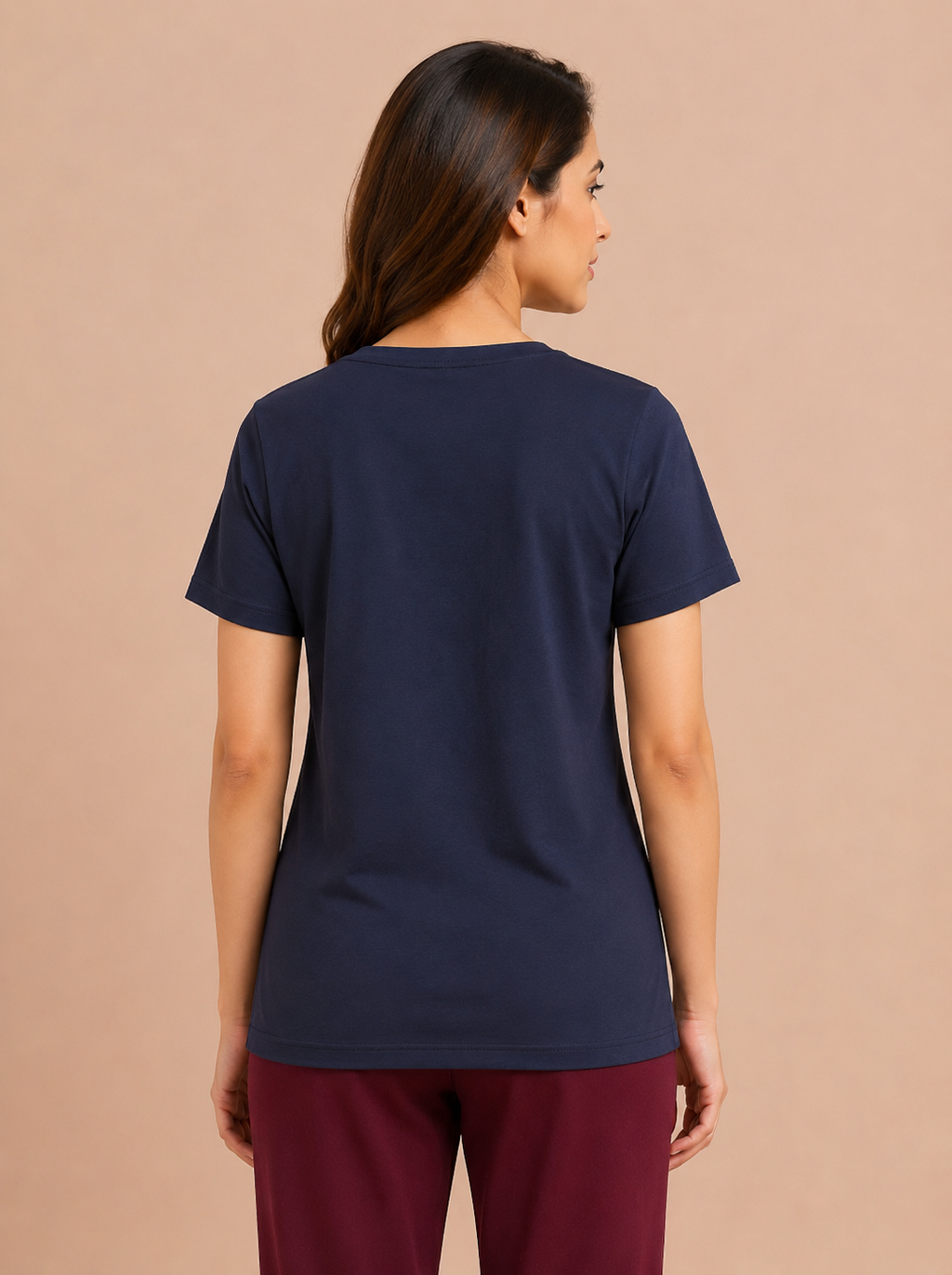 Women's Navy Blue Cotton Solid Round Neck T-Shirt
