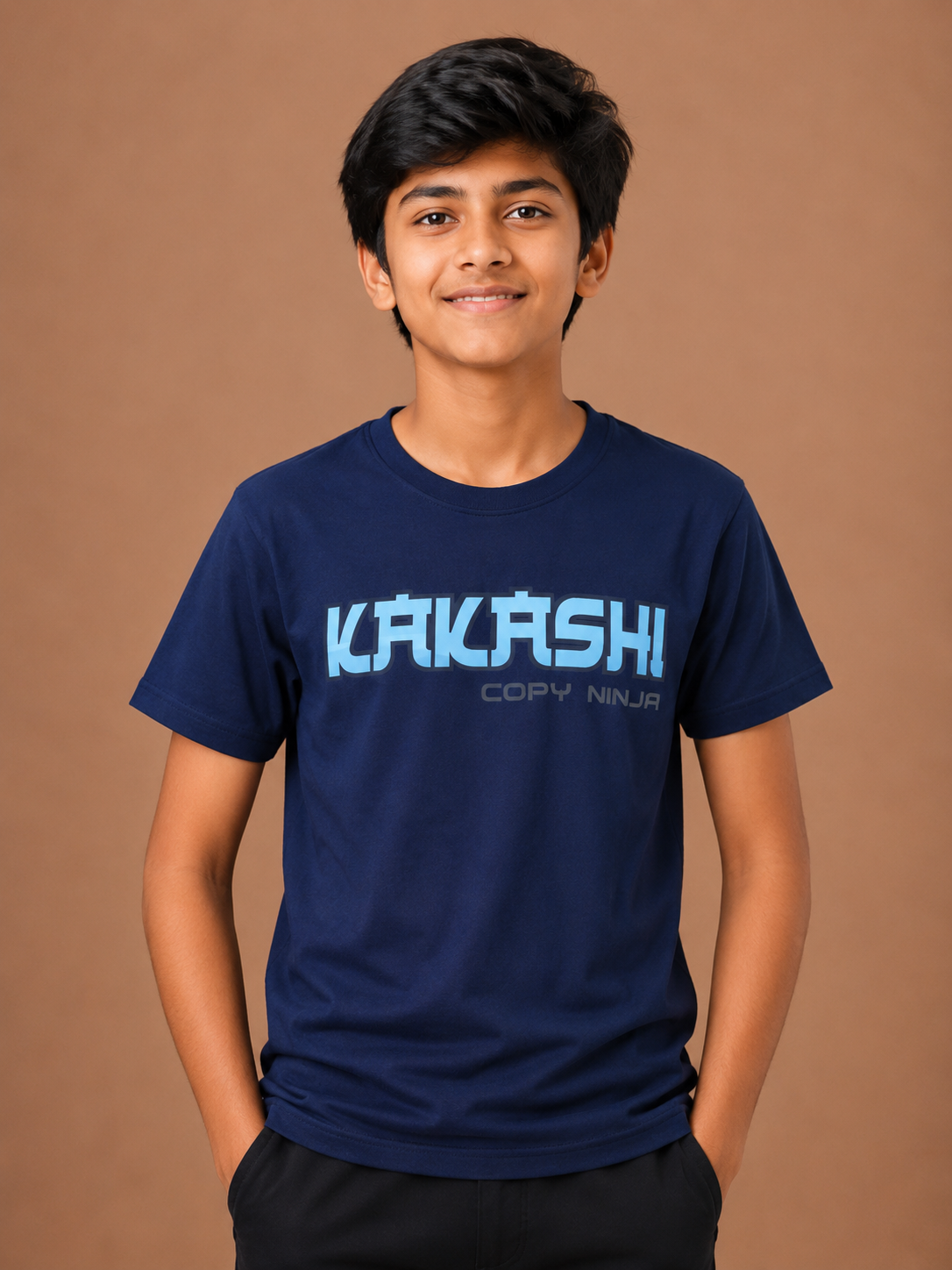 Boys Navy Blue Cotton Round Neck Printed T-Shirt