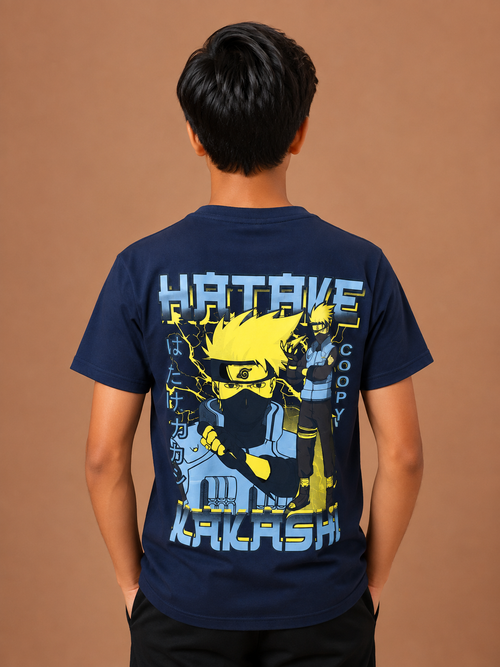 Boys Navy Blue Cotton Round Neck Printed T-Shirt